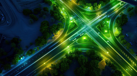 This captivating aerial view showcases a bustling urban intersection at night, illuminated by vibrant green and yellow lights, revealing the city's dynamic energy.の素材