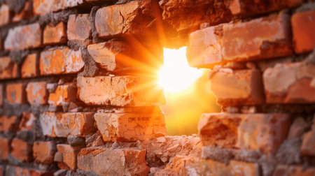 A stunning image of sunlight streaming through a hole in an old brick wall, casting warm rays and creating a serene atmosphere. Perfect for various themes.の素材