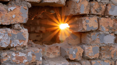 A captivating view of sunlight breaking through a weathered brick wall, creating a warm and inviting atmosphere, perfect for nature and architecture themes.の素材
