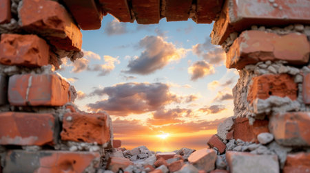 A stunning view of a vibrant sunset captured through a broken brick wall, showcasing a warm and tranquil sky filled with clouds and sunlight.の素材