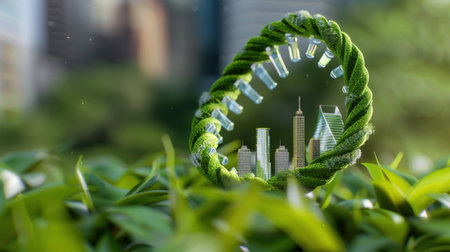 This captivating image depicts a vibrant eco-friendly city concept surrounded by lush greenery, blending urban life with nature for a sustainable future.の素材
