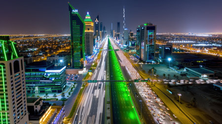 A stunning aerial view of a vibrant modern city at night, showcasing illuminated skyscrapers, busy traffic, and bright green lights along the highway.の素材