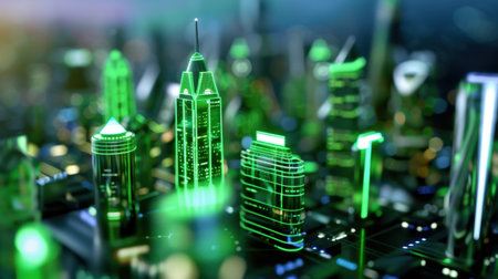 A stunning futuristic city skyline featuring glowing green buildings, neon lights, and dynamic architecture set in an imaginative urban landscape.の素材