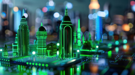 A vibrant futuristic urban landscape showcases impressive skyscrapers illuminated by green neon lights, representing a high-tech city ambiance filled with innovation.の素材