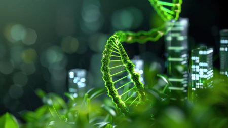 A stunning visual of a green DNA helix rising over a modern urban landscape, symbolizing the blend of nature and advanced technology in a sustainable future.の素材