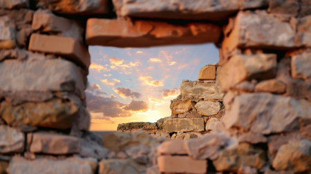 A stunning sunset framed by a weathered stone wall creates a beautiful contrast of colors in the sky, evoking feelings of tranquility and beauty.の素材