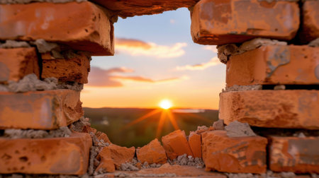 A stunning sunset is beautifully framed by a broken brick wall, providing a glimpse into the serene landscape beyond, highlighting nature's beauty.の素材