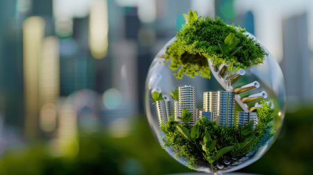 This image presents a conceptual view of eco-friendly urban development, showcasing a glass globe with greenery and skyscrapers, symbolizing sustainability.の素材