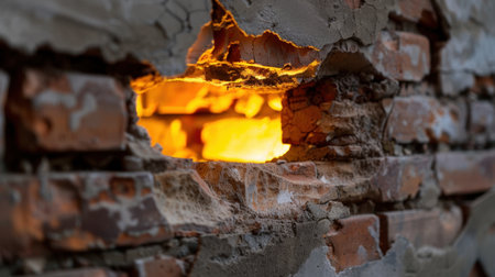 A detailed view of a cracked brick wall exposing a warm flickering light, creating an intriguing contrast between decay and illumination in an urban setting.の素材