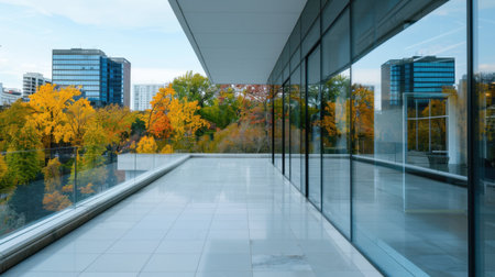 A sleek and modern balcony offers breathtaking views of city buildings and colorful autumn trees, providing a peaceful urban escape filled with natural beauty.の素材