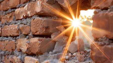 A stunning view of sunlight streaming through a broken brick wall, creating a magical display of light rays. The warm tones add an inviting atmosphere.の素材