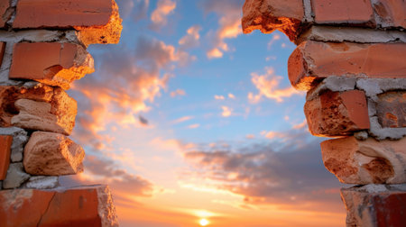 A stunning sunset framed by a broken brick wall, showcasing vibrant colors and a tranquil atmosphere. Perfect for conveying beauty and isolation.の素材