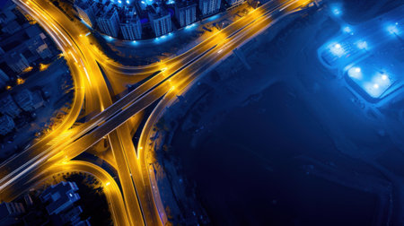 This stunning aerial shot captures a vibrant city intersection at night, showcasing illuminated roads and urban buildings. The blend of city lights and shadows creates a dynamic view perfect for any urban-themed project.の素材