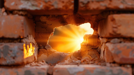 A stunning view of a glowing sunrise captured through a jagged hole in an old brick wall, showcasing warm colors and light rays that evoke peace.の素材