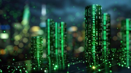 A dynamic and futuristic cityscape featuring glowing green skyscrapers, intricate data streams, and a vibrant urban atmosphere showcasing innovation and technology.の素材