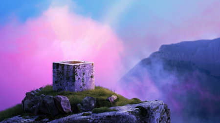 A captivating image of an ancient stone structure resting on a rugged mountain peak, surrounded by mist and bathed in vibrant twilight colors.の素材