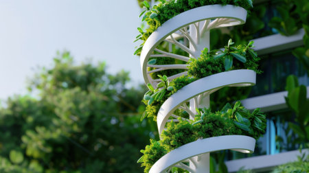A sleek spiral planter showcases vibrant greenery, blending modern design with urban aesthetics. Ideal for promoting sustainability and nature in cityscapes.の素材