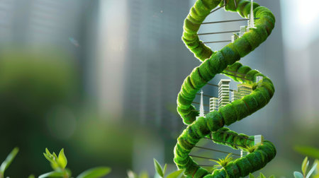 This imaginative image depicts a DNA helix made of lush greenery intertwined with urban elements, symbolizing the harmony between nature and modern development.の素材