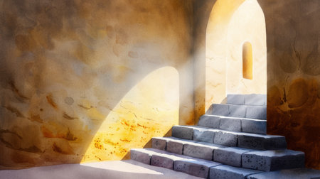 A mesmerizing view of sunlit stone steps leading to an arched doorway, highlighting the play of light and shadow against rustic walls. Perfect for conveying tranquility.の素材