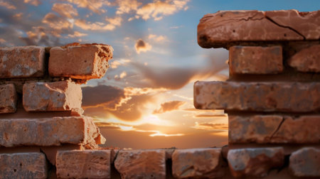 This captivating image features a brick wall framing a breathtaking sunset, showcasing soft clouds and vibrant colors in the sky. A perfect blend of rustic charm and natural beauty.の素材