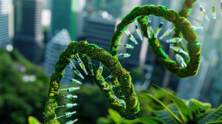 A striking image of a green DNA helix entwined with syringes set against an urban backdrop, symbolizing the intersection of biotechnology and environmental conservation.の素材