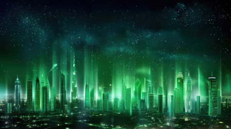 A vibrant futuristic cityscape shines under a starry sky with striking neon green lights illuminating sleek skyscrapers and urban designs.の素材