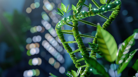 A striking visualization of a green DNA helix intertwined with fresh leaves, set against a softly illuminated urban backdrop at night. This image embodies the fusion of nature and science, highlighting themes of growth and biotechnology in a modern environment.の素材