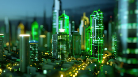 A stunning nighttime view of a futuristic cityscape showcasing modern architecture illuminated with vibrant green lights, creating an urban wonderland.の素材