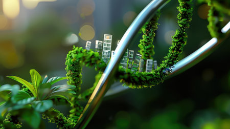 This imaginative image showcases a unique blend of urban architecture and nature, featuring a DNA helix intertwined with vibrant greenery, symbolizing the harmony between city life and the environment.の素材