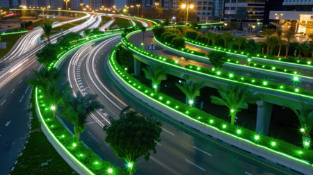 A captivating night scene showcasing an urban highway illuminated with green LED lights, surrounded by palm trees and vibrant light trails from vehicles, offering a glimpse of modern city life.の素材