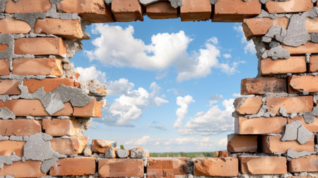 This image captures a broken brick wall revealing a picturesque view of the sky filled with white clouds. The bright daylight enhances the scene's beauty.の素材