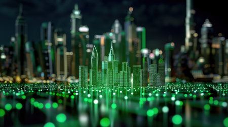 This dynamic image showcases a futuristic cityscape at night, featuring glowing green lights that enhance the vibrant urban atmosphere with shimmering skyscrapers.の素材