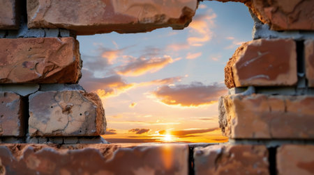 A stunning view of a sunset framed by a broken brick wall, showcasing vibrant colors in the sky with dramatic clouds, creating a tranquil and picturesque atmosphere.の素材
