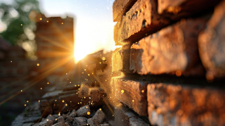 A captivating view of a weathered brick wall illuminated by warm golden light during sunrise, showcasing dust particles dancing in the air.の素材