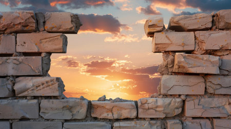 An artistic view of a broken brick wall against a stunning sunset sky filled with colorful clouds. This image captures a serene moment of isolation and beauty in nature.の素材