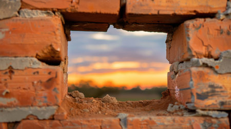 A captivating view of a hole in a brick wall revealing a stunning sunset, showcasing vibrant colors and soft clouds that evoke tranquility and beauty.の素材