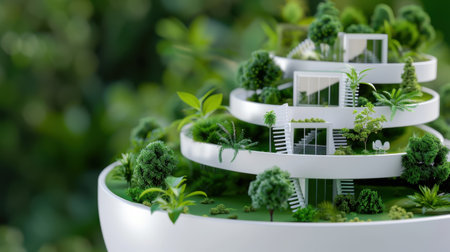 A striking depiction of futuristic architecture featuring layered green spaces, surrounded by vibrant plants and a modern design, celebrating sustainability.の素材