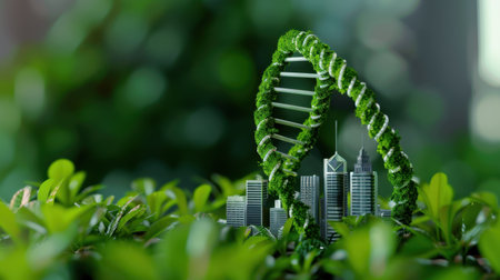 This artistic image showcases a DNA helix made of lush greenery intertwining with a modern city skyline, symbolizing the harmony between nature and urban living.の素材