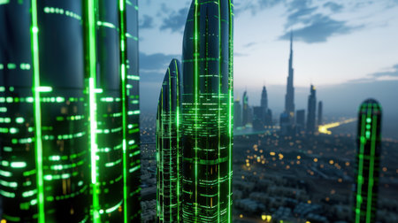 A stunning view of futuristic skyscrapers illuminated with neon lights, set against a vibrant city skyline at dusk, showcasing modern architecture and design.の素材