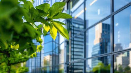 A vibrant close-up of green leaves stands out against the sleek glass facade of a modern building, reflecting an urban landscape in sunlight.の素材