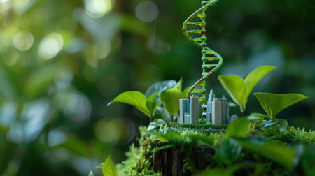 This captivating image depicts a miniature city intertwined with a vibrant DNA strand, surrounded by lush greenery, symbolizing the connection between urban innovation and nature.の素材
