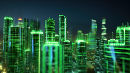 A stunning view of a futuristic cityscape showing illuminated skyscrapers with neon green lights. This vibrant urban scene captures advanced architectural elements and conveys a modern and innovative atmosphere. Perfect for technology and urban-themed projects.の素材