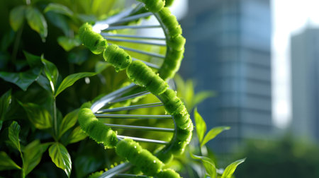 A striking green DNA helix surrounded by lush leaves features an urban skyline in the background, symbolizing the connection between nature and science.の素材