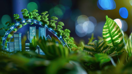 This captivating image showcases a miniature urban landscape enhanced by vibrant greenery and LED accents, symbolizing the vision for a sustainable and eco-friendly future.の素材