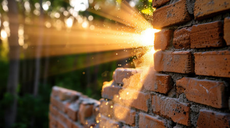 A stunning capture of sunlight filtering through a brick wall, creating a beautiful glow that highlights the texture of the bricks against a lush green background.の素材