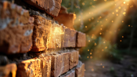A beautiful close-up image of a brick wall illuminated by sunlight, showcasing particles of dust in the air, creating a warm and serene atmosphere.の素材