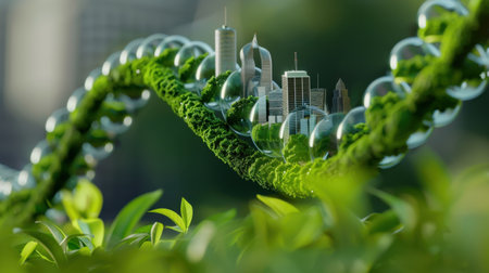 This captivating image showcases a blend of nature and urban life, featuring a DNA strand adorned with bubbles that symbolize harmony between growth and modern architecture.の素材