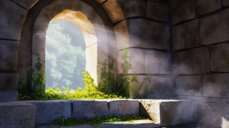 A serene scene featuring sunlight streaming through a stone archway, illuminating the lush ferns and greenery within an abandoned room, evoking a sense of peace and wonder.の素材