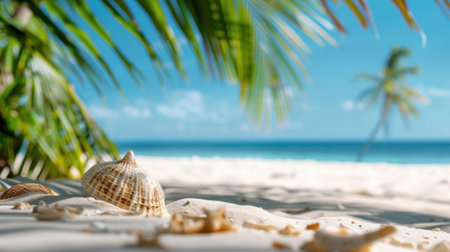 A serene beach scene showcasing a seashell on golden sand, surrounded by lush palm leaves against a backdrop of a tranquil ocean and blue sky.の素材