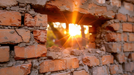 A stunning view of soft sunlight streaming through a broken brick wall, illuminating the texture of the bricks and creating a tranquil atmosphere during twilight.の素材